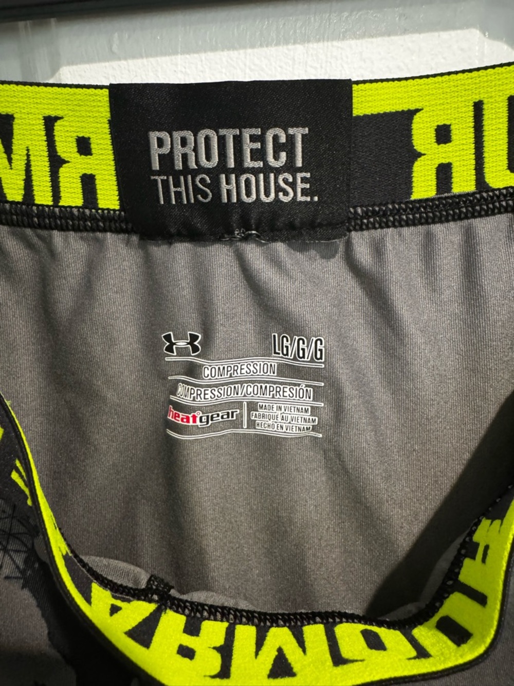 Under Armour Gray & Black Camo Leggings with Neon Yellow Waistband - Picture 3 of 3